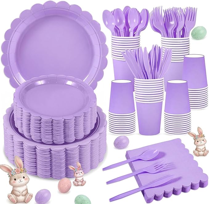 350 Pcs Lavender Paper Plates and Napkins, Easter Plates Light Purple Party Supplies Include Light Purple Scalloped Plate Napkins Cups Plastic Spoon Fork Knive for Baby Shower, Wedding, Birthday