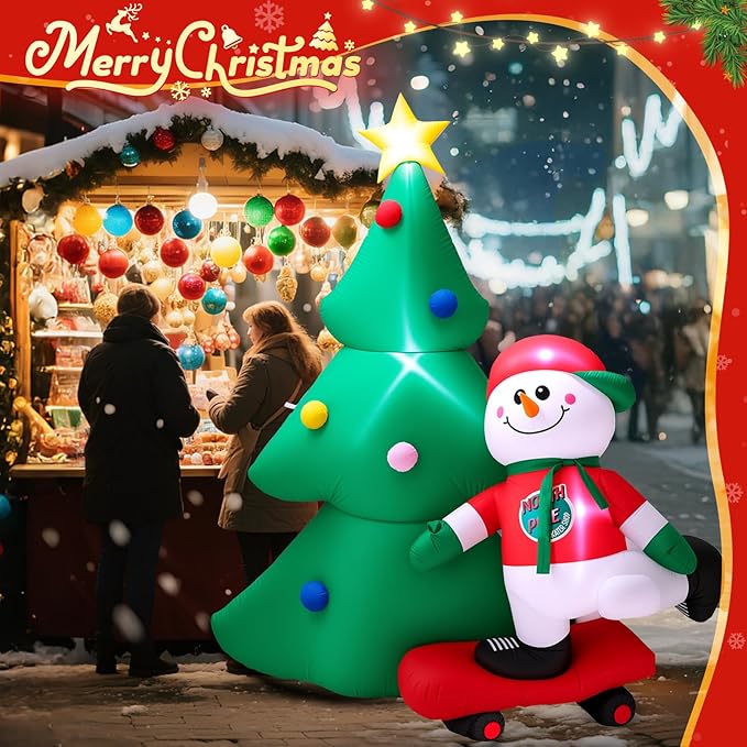 7 FT Christmas Tree Inflatables Outdoor Decortaion, Large Blow Up Christmas Tree with Scooter Boy Snowman, Light Up Inflatable Christmas Decoration for Yard Lawn, Garden, Party