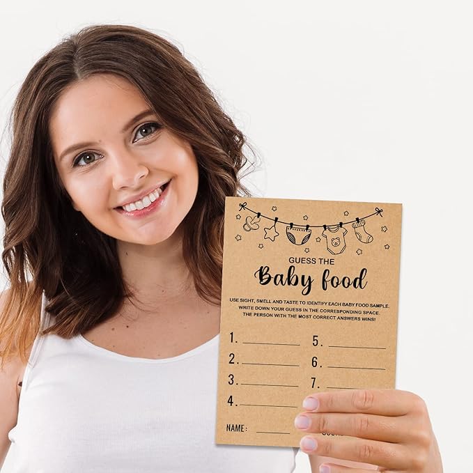 Baby Shower Game, Guess the Baby Food Baby Shower Game, Gender Reveal Party Supplies, Baby Shower Decorations, Baby Shower Party Games Supplies & Activities, Set of 30 Cards, Kraft