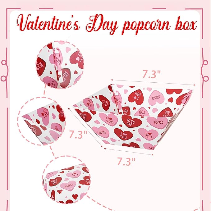 Marspark 24 Pcs Valentine's Day Popcorn Boxes Disposable Paper Bowls Sweet Hearts Popcorn Tray Containers Valentines Party Supplies Galentines Decoration Heart Treat Snack Bowl for Wedding Engagement