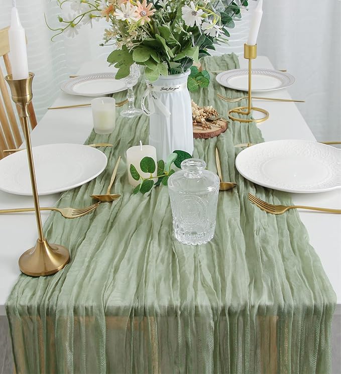 FEXIA 10 Pack Sage Green Table Runner 35x120 Inches for Baby Shower Decoration St. Patrick's Day Gauze Table Runner for Wedding Party Engagement Bridal Shower Boho Decoration (Sage Green)