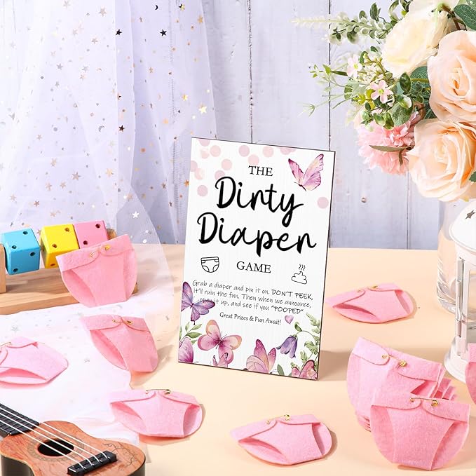 Roowest 51 Pcs Dirty Diaper Baby Shower Games Funny Wooden Sign with 50 Pcs Mini Diapers Cute Felt for Gender Reveal Party Baby Shower(Pink Butterfly)