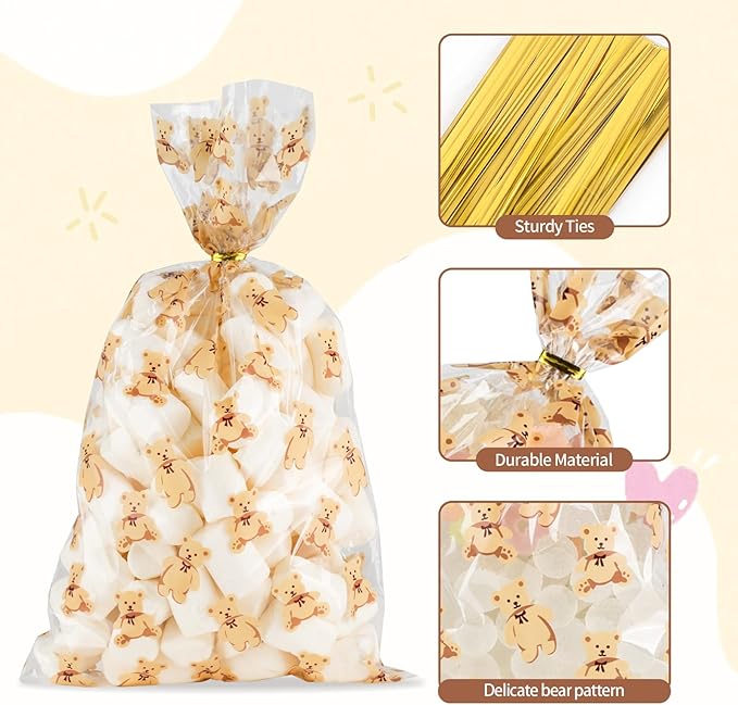 Docvania Clear Bear Cellophane Treat Bags Plastic Gift Bag 100 pcs 7 X 12 Clear Bear Cookie Bags with Ties Goodie Candy Bag Suitable for Mother's Day, Valentine's Day, and Holiday Parties