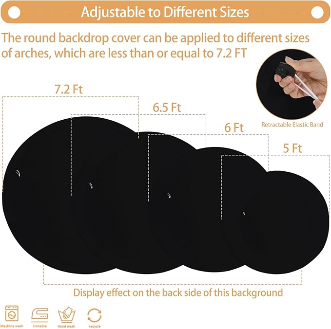 Gallety 7.2FT Black Round Backdrop Cover with Size Adjuster & 4 Metal Clips, Universal Fit for 5ft-7.2ft Circle Stand, Polyester Fabric Arch Cover for Wedding, Birthday Party, Videos, Graduation Decor