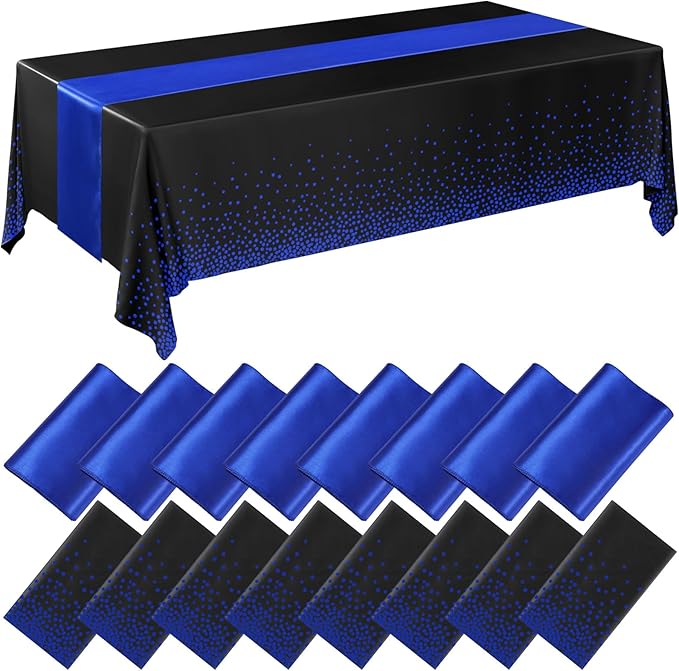 Breling 16 Pack Black and Blue Disposable Plastic Tablecloths and Satin Table Runner Set, 54 x 108 Inch Tablecloth, 12 x 108 Inch Table Runners for Wedding Graduation Birthday Baby Shower New Year