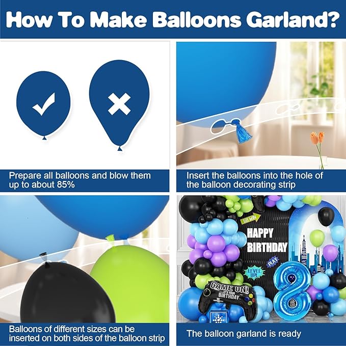 8th Birthday Video Game Balloons Arch Kit, 108pcs Blue, Black, Light Olive Green, Purple Balloons, Video Game Themed Foil Balloons, Boys Birthday Decor