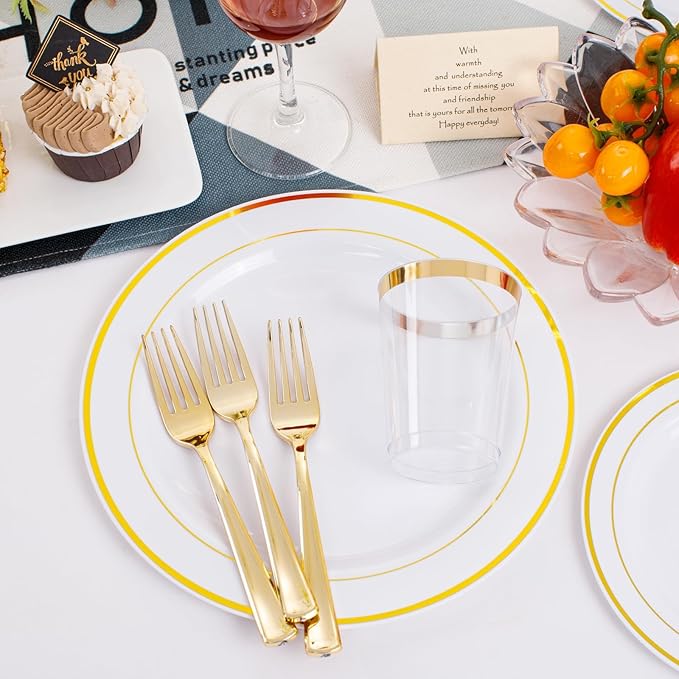 350 Pieces White and Gold Plastic Plates - 50 Guest Dinnerware Set Include 100 Plates, 50 Gold Plastic Silverware, 50 Paper Napkins and 50 Cups for Wedding Baby Shower Spring Birthday