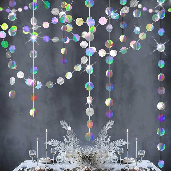 Shining Iridescent Circle Dots Hanging Garland - Sparkling Streamer, Glitter Bunting Banner, Backdrop for Wedding, Baby Shower, Birthday, Xmas Decor - 40 Feet