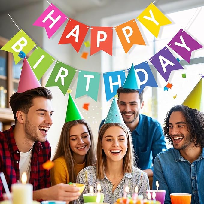 Happy Birthday Banner Sign, Birthday Garland Wall Door Hanging Banners Flag for Women Men Boys Girls Party Backdrop Decorations, Personalized Name Banner White Letters Colorful