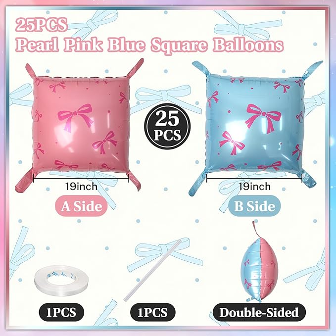 Pink and Blue Foil Balloon Wall Square, 19 Inch 25PCS Bow Print Double Sided Baby Blue Pastel Pink Balloon Backdrop Tunnel Arch Kit for Baby Shower Gender Reveal Birthday Bridal Party Decor