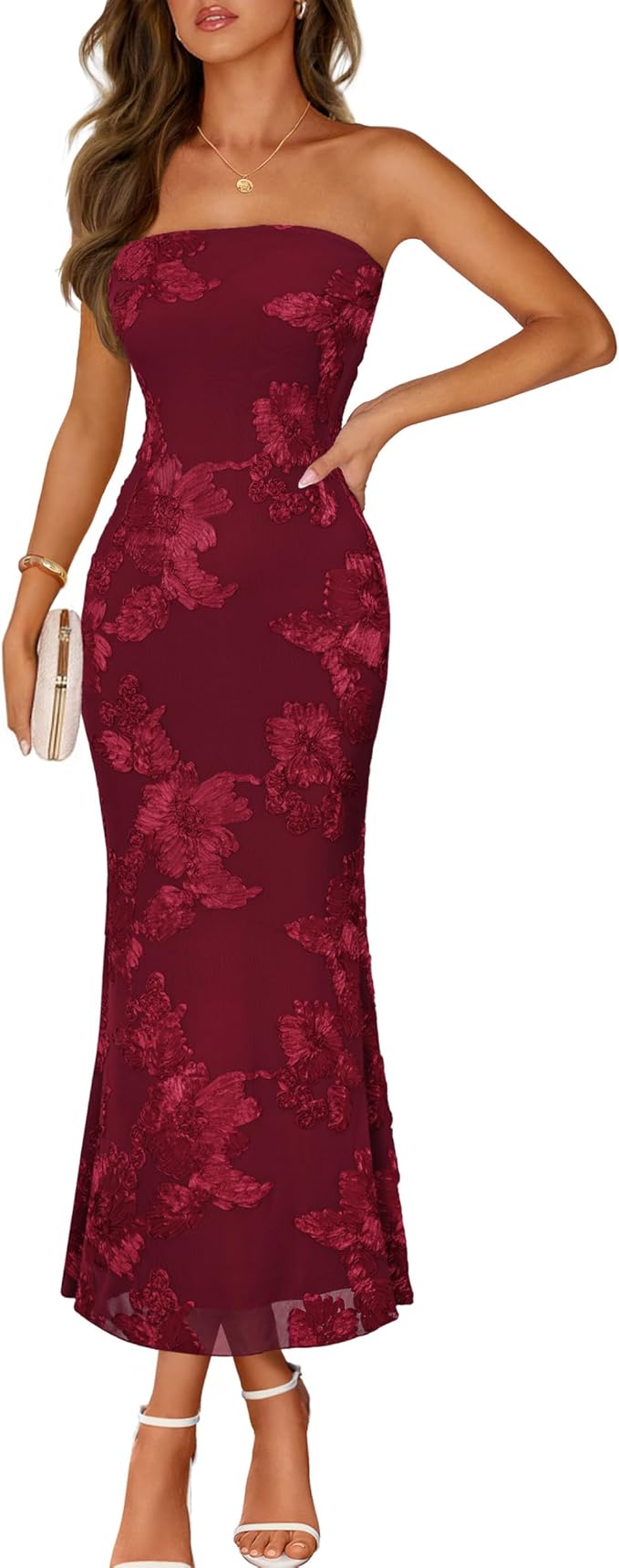 MEROKEETY Women's Floral Strapless Maxi Dress 2026 Summer Mesh Tube Bodycon Formal Wedding Guest Cocktail Party Long Dresses