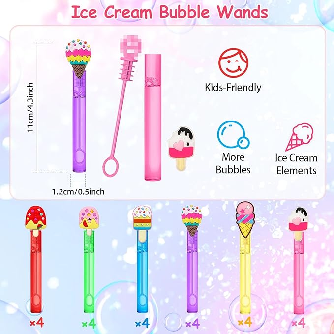 24 Ice Cream Party Favors Bubble Wands for Kids, Mini Bubbles Wand Toys, Summer Ice Cream Theme Birthday Party Supplies Goodie Gift Bag Stuffers Pinata Classroom Prizes