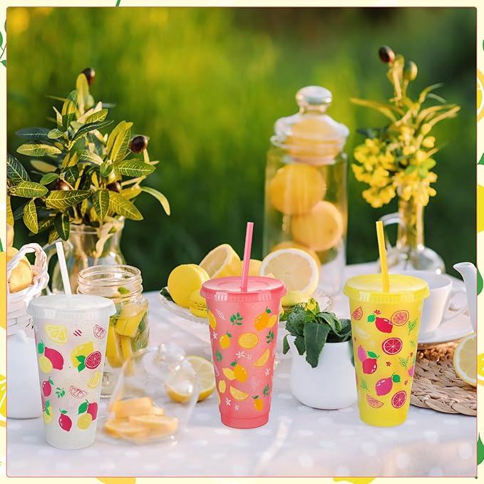 12 Pcs Lemon Cups with Lids and Straws, 24 OZ Reusable Drinking Cups Bulk for Summer Fruit Party Birthday Baby Shower Supplies