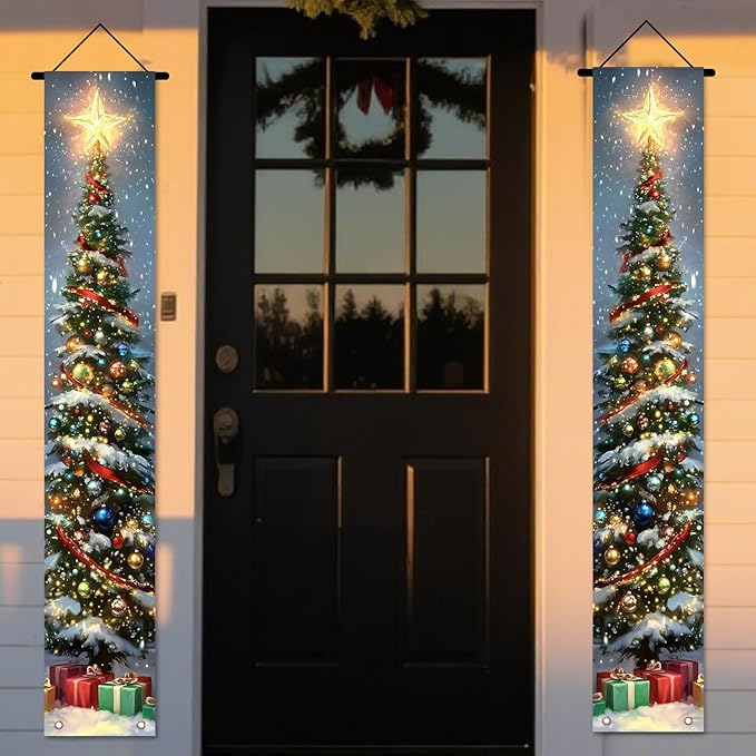 Nuxovilar Christmas Decorations Outdoor Yard Front Porch Sign Set, Lit Christmas Tree Door Banners for Front Door, Hanging Christmas Door Decorations for Home Indoor Outdoor Wall Yard
