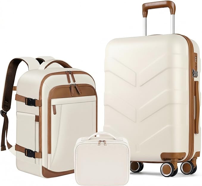 TILYMOL Expandable Luggage Set with Backpack - 21In Suitcase with TSA Lock & Spinner Wheels, Lightweight PP Hardshell Travel Luggage for Women, White