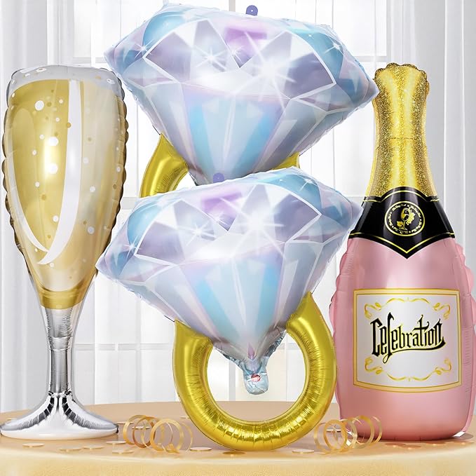 Diamond Ring Balloons Champagne Bottle Wine Glass Foil Balloons for Bachelorette Engagement Bridal Shower Wedding Proposal Marriage Anniversary Just Engaged Married Celebration Party Decorations
