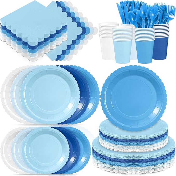 Zhehao 175 Pcs Blue Party Supplies Set Blue Disposable Tableware Kit with Plates, Cups, Napkins, Cutlery in Natural Earth Tones for Baby Shower, Birthday, Wedding Forest Events