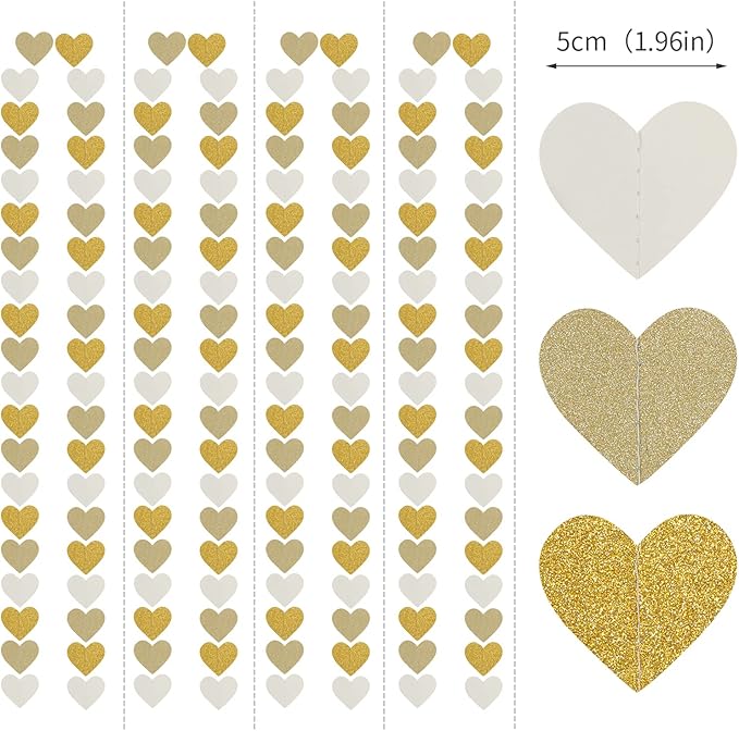White-Gold Champagne Party-Decorations Heart Streamers Garland - 52Ft Christmas Wedding Engagement Hanging Paper Banner,Bachelorette Neutral Baby Bridal Shower Decor Banners Lasting Surprise