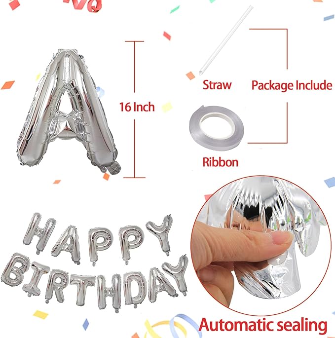 KALOR Silver Happy Birthday Balloons Banner, 16 Inch Mylar Foil Letters Balloon Sign for Birthday Party Decorations Photo Booth Backdrop