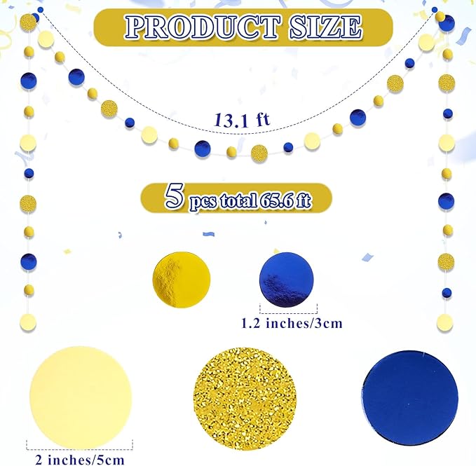 Outus 10 Pieces Blue,Gold Round Dots Garland Easter Graduation Party Hanging Decor Each Length 13.1ft Glitter Paper Dot Streamers for Birthday Wedding Classroom