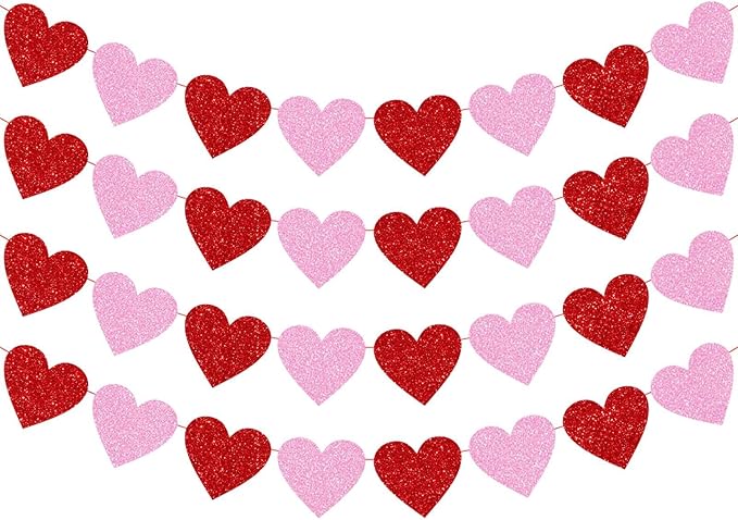 Glitter Red Pink Banner, 4 Strings Red Pink Shiny Heart Banners Sign for Celebrate Party Wedding Ceremonies Holiday Party Decorations