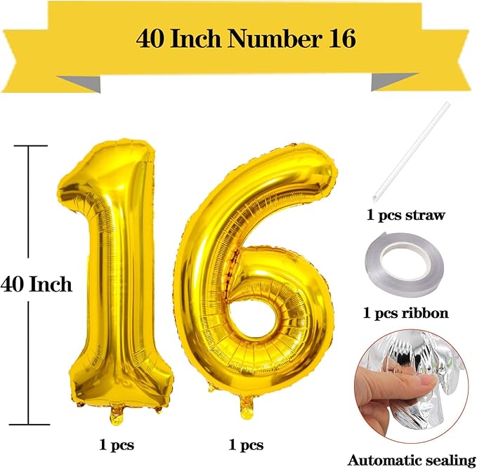 Large Gold 16 Number Balloons, 40 Inch Jumbo Number 16 Balloon, Gold Foil Mylar Balloons for Girl Sweet 16th/61th Birthday Party, Anniversary Decorations
