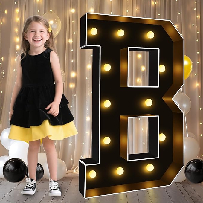 Pooqla 3 FT Marquee Light Up Letters, Black Marquee Letter Lights 3 Feet Tall, Giant LED Sign Big Mosaic Letters for Balloons Birthday Party Anniversary Wedding Decorations, Black Warm White B