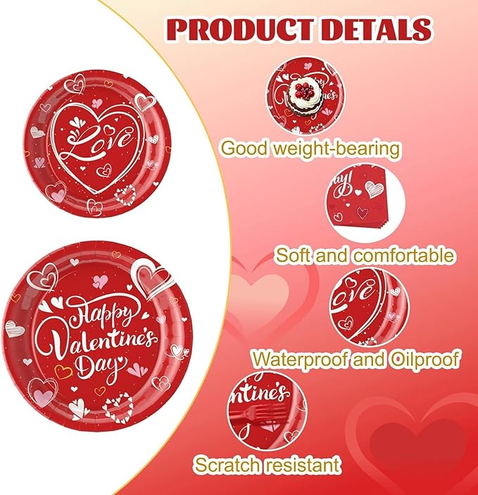 112PCS Valentine’s Day Heart Party Plates Supplies Love Red Heart Party Tableware Decoration Disposable Paper Plates Napkins Forks for Graduation, Anniversary(Serves 16)