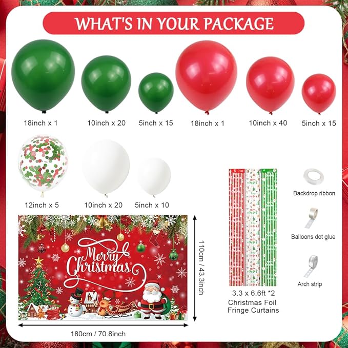 137pcs Merry Christmas Party Decorations Christmas Balloon Garland Arch Kit Red Green Foil Fringe Curtain Xmas Balloons Decorations Xmas Birthday Backdrop Party Balloons Supplies