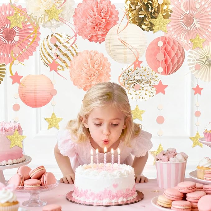AOBKIAT Pink Birthday Party Decorations Kit-Tissue Paper Pom Poms,Lanterns,Fans Flowers,Star Garlands,Streamers for Girls Women Birthday,Wedding,Bachelorette,Bridal Shower,Baby Shower,Princess Party