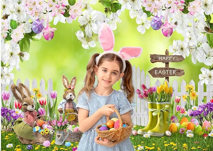 CYLYH 10x8FT Easter Photo Backdrop Spring Flowers Grass Backdrop Colored Egg Rabbit Backdrop for Easter Party Decoration Baby Shower D854