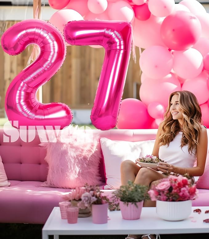 SUWEN 40 Inch Large Hot Pink 27 Balloon Numbers Big Foil Helium Number Balloons 0-9 Jumbo Happy 27th Mylar Birthday Party Decorations for Women 72 Anniversary Party Supplies