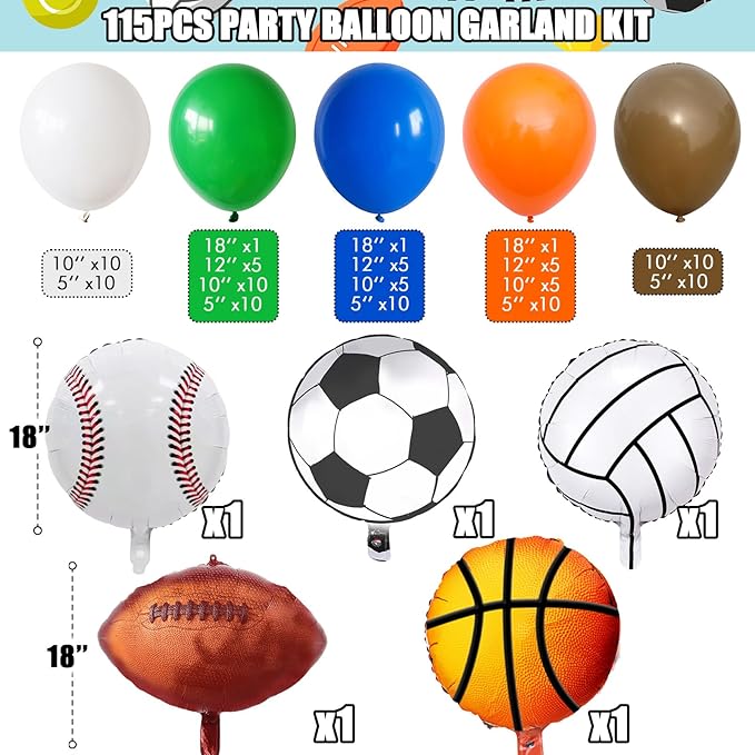 Sports Balloon Arch Garland Kit, 115Pcs Sports Party Baseball Soccer Basketball Football Helium Balloons Blue Green Orange Sport Latex Balloon for Boys Sport Themed Birthday Party Decorations Supplies