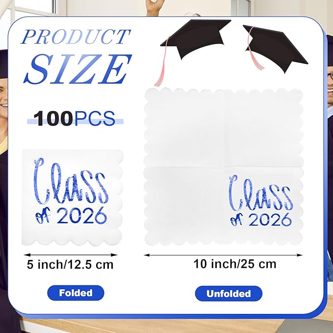 100 Pcs Class of 2026 Graduation Cocktail Napkins 5 x 5 Inch Congrats Grad Scalloped Paper Napkins for Dinner Beverage Graduate Decorations(Blue)
