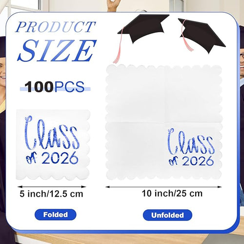 100 Pcs Class of 2026 Graduation Cocktail Napkins 5 x 5 Inch Congrats Grad Scalloped Paper Napkins for Dinner Beverage Graduate Decorations(Blue)