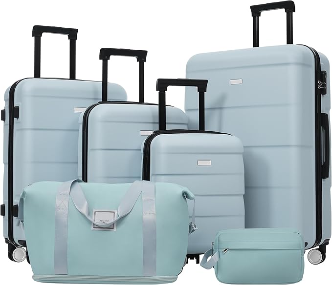 6 Pcs ABS Hardshell Luggage Sets Spinner Wheel Suitcase Lock Suitcases Light Blue