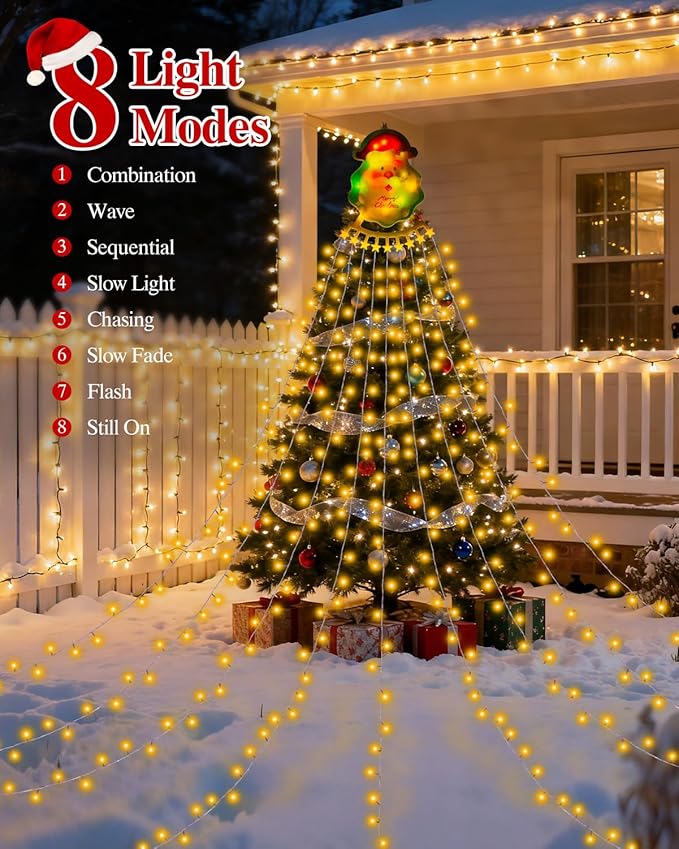 Christmas Waterfall Outdoor String Lights, Christmas Tree Lights with Topper 335 LED 11.48ft 9 Strands, 8 Lighting Modes Holiday New Year Decoration Lights for Wedding Yard Party Home Indoor Decor