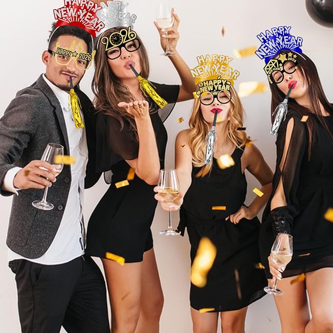 Openfly 24Pcs New Years Eve Party Supplies 2026 Happy New Years Party Headband Hats New Year Glasses New Year Noise Makers