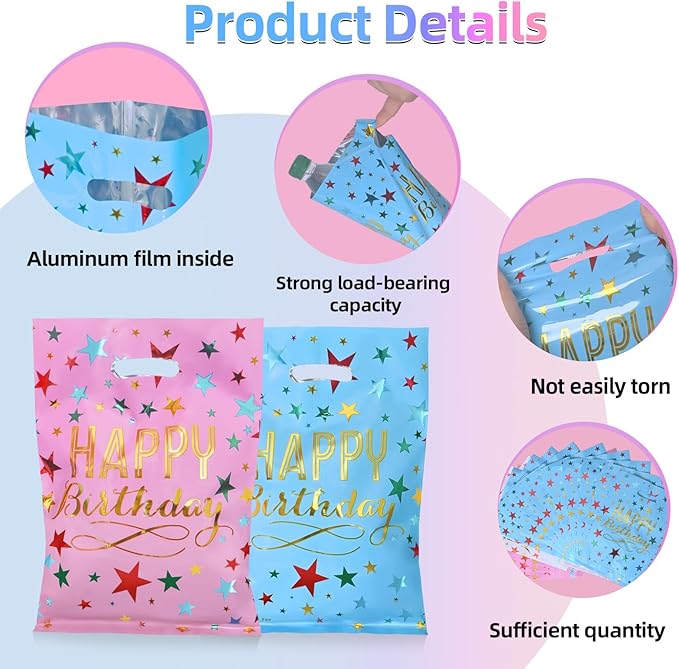40pcs Party Favor Bags for Kids Birthday Goodies Bags, Plastic Gift Bags for Kids Girls Boys Candy Birthday Party Favor Gift Wraps (40pcs star pattern 4colors)