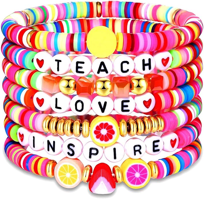 Surfer Heishi Bracelets for Women Stackable Rainbow Vinyl Disc Clay Beaded Stretch Bracelets Elastic Layering Friendship Bracelets Boho Summer Beach Jewelry