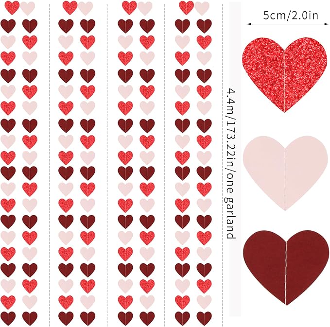 Valentines Day Party Decorations Pink-Red Heart-Garland - 52ft Burgundy Proposal Special Night Galentines Hanging Streamers Banner,Girl Romantic Wedding Anniversary Baby Bridal Shower Engagement Decor