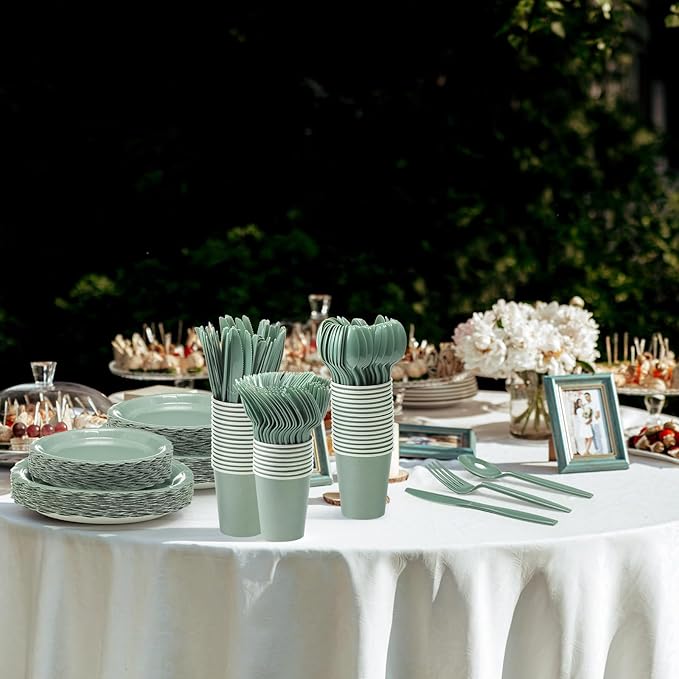 350 Pcs Sage Green Plates and Napkins, 50 Guest Easter Spring Party Supplies Include Scalloped Paper Plates Napkins Cups Plastic Spoons Forks Knives Disposable Tableware Set for Baby Shower