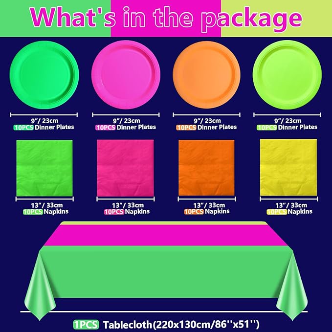 Glow in the Dark Party Supplies, Including Colorful Plates Napkins Tablecloth Banner and Dinnerware for Let's Glow Neon Party Decorations, Serves 20