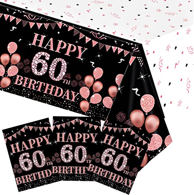 3PCS 60th Birthday Tablecloth Decorations for Women Happy Sixty Birthday Theme Black and Rose Gold Table Cloths,60 Year Old Birthday Plastic Disposable Rectangular Table Cloth Decor