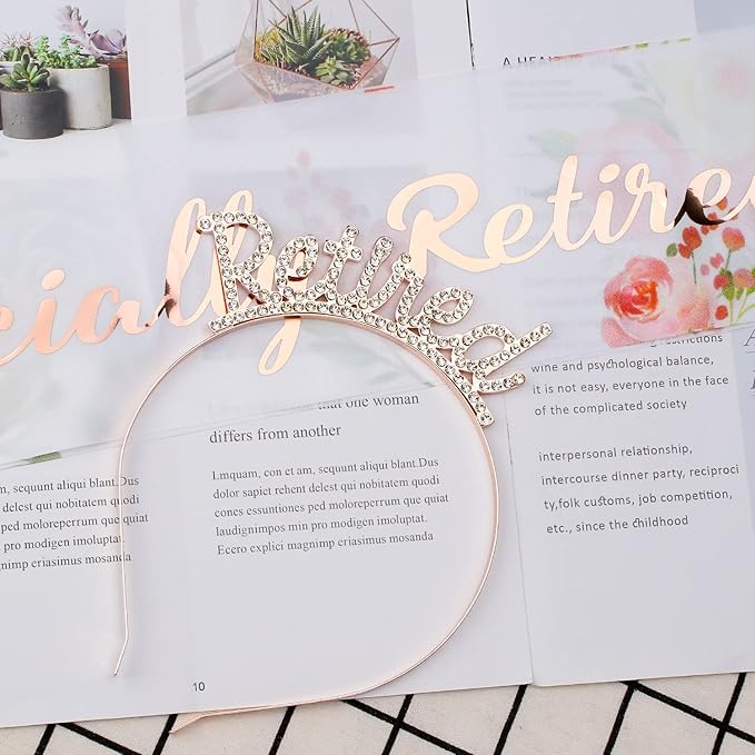 Didder Retirement Decorations Headband and Sash Set - Rose Gold Crown Headband, Retirement Sash for Women, Party Supplies