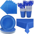 Severs 25 Guests Blue Party Supplies Set Include 9-inch Blue Paper Plates Cups Napkins and Tablecloth,Disposable Dessert Plates for Wedding Birthday