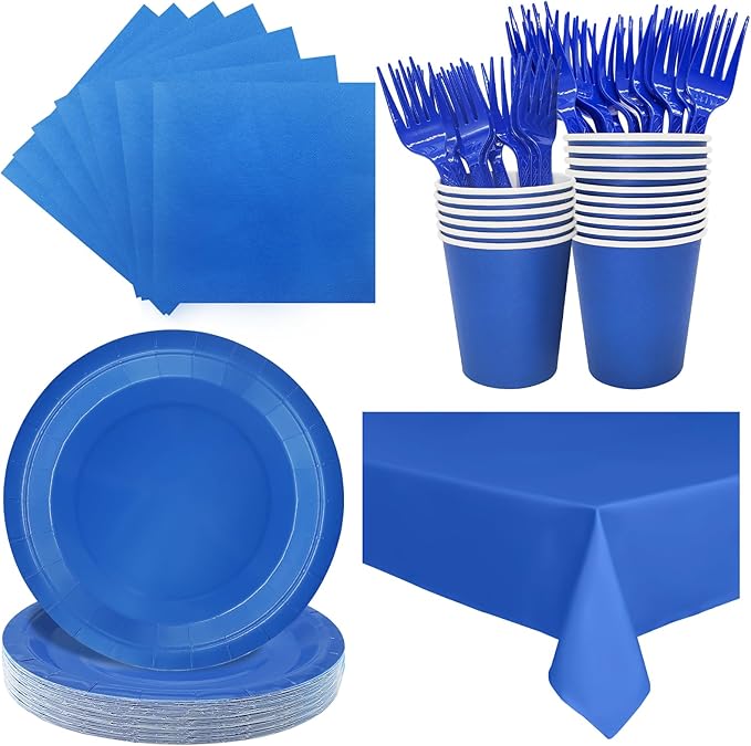 Severs 25 Guests Blue Party Supplies Set Include 9-inch Blue Paper Plates Cups Napkins and Tablecloth,Disposable Dessert Plates for Wedding Birthday