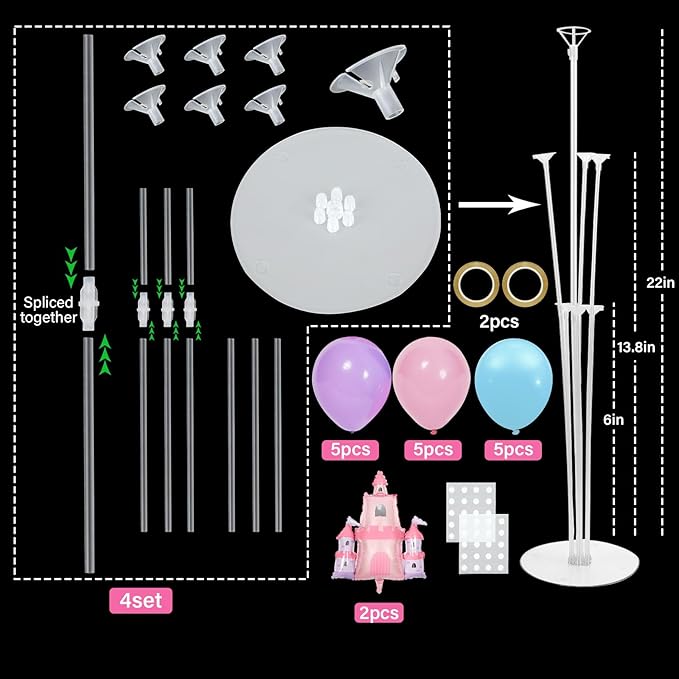 Princess Party Balloons Stand Kit 2 Sets with 2 Princess Castle Foil Balloons Pastel Blue Pink Purple Themed Party Balloon Centerpiece for Tables for Girls Baby Shower Fairytales Birthday Decorations
