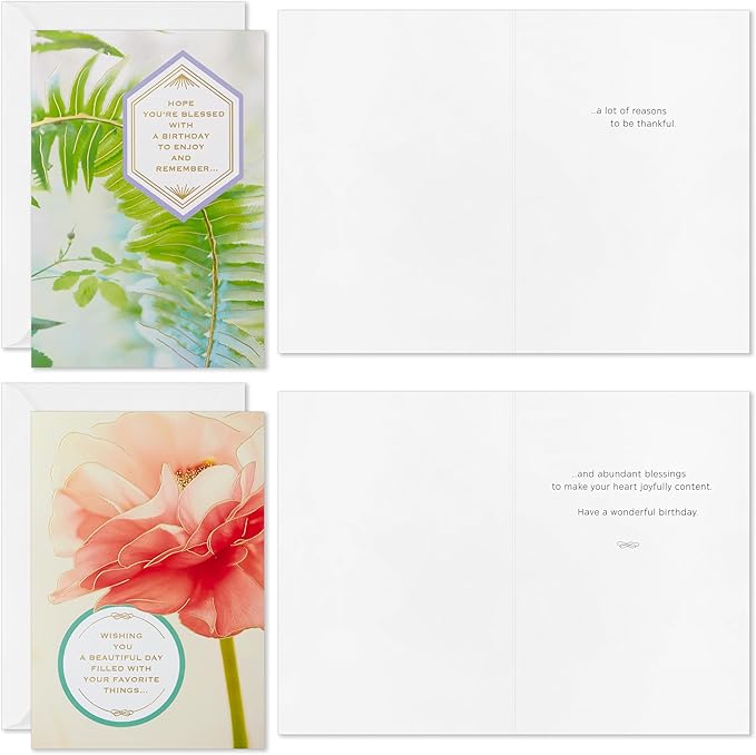 Hallmark Spiritual Birthday Card Assortment (16 Floral Cards with Envelopes, 4 Designs) Bright and Blessed