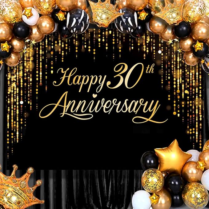 Happy 30th Anniversary Banner - Black Gold Photography Poster for Wedding, Birthday Party Decoration